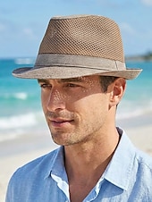 baratos Chapéus Masculinos-Chapéu fedora masculino em poliéster respirável com tela – multicolorido, leve e perfeito para o verão, férias na praia, uso casual diário e atividades ao ar livre.