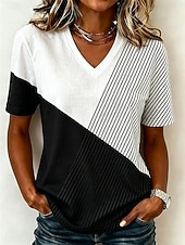 cheap Stripe&amp;Geometric tee-Women's T Shirt Print Striped Stylish Casual Short Sleeve V Neck Long Tops Daily Brown And White Black and White Dusty Rose Gray Summer Spring Fall Winter