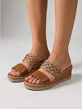 preiswerte Keilsandalen-Braune Keilsandalen für Damen – bequeme Espadrilles im Boho-Stil mit gewebtem Mesh-Riemen &amp;Details aus Kunstleder für Outdoor-Urlaube und Reisen auf tropische Inseln &amp;Sommergartenpartys