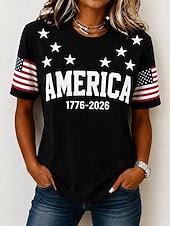  Dia da Independência Americana Mulheres Camiseta Imprimir Gráfico Bandeira Letra Vintage Moda à moda Manga Curta Gola Redonda Tops regulares Casual Diário Final de semana Azul Preto Verão Primavera