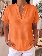 billiga Enkla blusar-Dam Våffelskjorta Ensfärgat Elegant Aktiv Semester Ärmlös Halvlång ärm V-hals Vanliga toppar Ledigt Dagligen Utomhus Blå Vit Orange Sommar Vår Höst