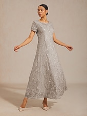  Mujer Vestido maxi Vestido de una línea Elegante Fiesta de Noche Acordonado Lentejuelas Floral Manga Corta Cuello Barco Gris Ligero