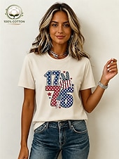  Amerikansk uavhengighetsdag Dame 100% قطن T skjorte Trykt mønster Grafisk Amerikansk flagg Årgang Stilfull Fritid Kortermet Crew-hals Vanlige topper Avslappet Daglig Helg Lys beige Svart Hvit Rosa