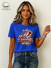 billige Uavhengighetsdag Topp-Amerikansk uavhengighetsdag Dame 100% قطن T skjorte Trykt mønster Grafisk Bokstaver Amerikansk flagg Årgang Stilfull Fritid Kortermet Crew-hals Vanlige topper Avslappet Daglig Helg Blå Svart Hvit