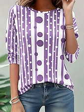 cheap Stripe&amp;Geometric tee-Women's T Shirt Print Graphic Geometric Polka Dot Fashion Stylish Classic Long Sleeve Crew Neck Round Neck Regular Tops Casual Daily Weekend Black Red Purple Summer Spring Fall