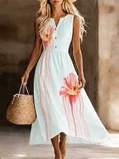 abordables Robes décontractées-Femmes Robe Midi Robe d'été Vacances Quotidien Plage Soirée Coupe régulière Fleuri Sans manches Col en V Bleu Blanche Jaune Rose Claire Été Printemps