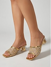preiswerte Brautmutter/Bräutigammutter-Elegante goldene Damen-Mules mit Blockabsatz aus Mesh: Raffinierte Hochzeitsschuhe für die Mutter der Braut