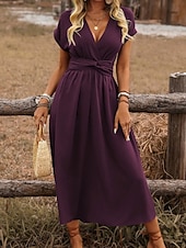 economico Vestito bianco-Per donna Abito Midi Abito a trapezio Abito Estivo Casual Quotidiano Vestibilità regolare Semplice Manica Corta Scollo a V Nero Rosso Marrone chiaro Verde scuro Estate Primavera