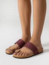 voordelige Slide Sandalen-Damessandalen met bordeauxrode metalen teenring – comfortabele slippers met voorgevormd voetbed voor platte voeten, ideaal voor op reis. &amp;zomerse vrijetijdskleding
