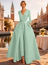 abordables Vestidos de gala-Dos Piezas Mono Hasta el Suelo Desmontable Vestidos de noche Elegante Manga Larga Escote en Pico Boda Invitado a la boda Bolsillo Tejido elástico con Mariposa