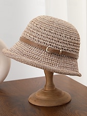 baratos Chapéus Femininos-Chapéu bucket feminino em poliéster trançado com cinto de couro, chapéu de sol leve para o verão, ideal para férias, praia, uso casual ao ar livre e dia a dia.