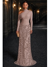 economico Abiti da sera a tubino-Tubino Colonna Lunghezza al pavimento Abito da Sera Abito formale Elegante Scintillante Brillanti Manica Lunga Collo Alto Matrimonio Formale Pizzo Raso Elasticizzato con Pieghe Perline ricamate