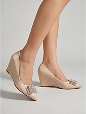 economico Pumps Classici-Décolleté con zeppa color nude da donna: eleganti scarpe con tacco da infilare, perfette per feste in giardino ed eventi all'aperto.