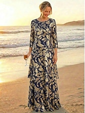 abordables Largo del piso-A-Line Floor Length Cocktail Dress Wedding Guest Dress Mother of the Bride Dress 3/4 Length Sleeve Crew Neck Elegant Formal Wedding Guest Semi Formal Foiled Jersey with Pleats Tier Cascading Ruffles