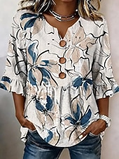 Mujer Blusa Botones Estampado Floral Graphic Cachemir Vintage Elegante Moderno Media Manga Escote en Pico Tops regulares Casual Diario Blanco Amarillo Verde Trébol Verano Primavera