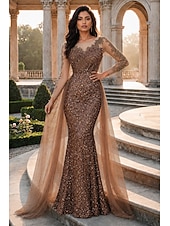 abordables Vestidos de gala-Corte Trompeta Sirena Hasta el Suelo Vestidos de noche Vestido de baile con sobrefalda Vestimenta formal Elegante Manga Larga Cuello Barco Fiesta de baile Fiesta de Noche Tul con Lentejuela