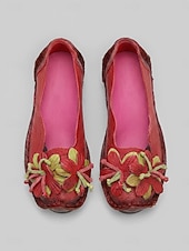 abordables Ballerines femme-Ballerines confortables en cuir de vachette rouge premium pour femme - légères et confortables toute la journée, ornées d'appliqués floraux faits main, avec semelle antidérapante, idéales pour la