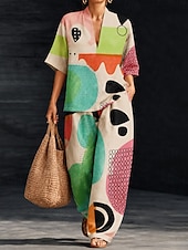 cheap Women's Blouse Suits-Women's Shirt Pants Sets Half Sleeve V Neck Graphic Geometric Print Vacation Fashion Streetwear Casual Daily Outdoor Blue Orange Beige Spring &amp; Summer Loose Fit