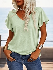  Women's Summer Tops Ruffle Elegant Bohemia Fashion Short Sleeve Flutter Sleeve V Neck Regular Tops Casual Daily Beach Green Summer Spring