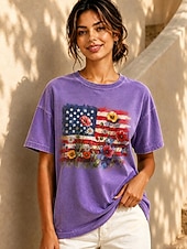  Dia da Independência Americana Mulheres 100% Algodão Camiseta Blusas lavadas estilo vintage Imprimir Gráfico Bandeira americana Vintage Moda à moda Manga Curta Gola Redonda Tops regulares Casual