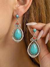 preiswerte Damen Ohrringe-Türkisfarbene Boho-Ohrringe für Damen – Vintage-Ohrhänger aus einer Legierung in Tropfenform mit ethnischen Gravuren, perfekt für den Sommerurlaub am Strand und den Alltag. &amp;Schmuckgeschenk im