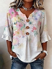  Per donna Camicia Camicia Boho Camicia casual Floreale Grafico Elegante Bohemien Attivo Manica 3/4 Scollo a V Top lunghi Casuale Stampa bianca Verde salvia Verde scuro Azzurro Estate Primavera