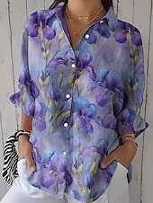 billige Blomstrete bluser-Dame Skjorte Rynket Blomstret Grafisk Elegant Ferie Stilfull 3/4 ermer Skjortekrage Crop Tops Avslappet Daglig Arbeid Hvit Gul Rosa Lys Lilla Lilla Sommer Vår