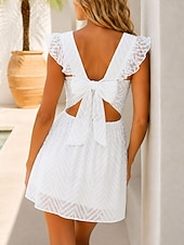  Mujer Mini vestido Vestido de encaje Vestido de verano Vestido informal Vestido de una línea Vacaciones Casual Boho Playa Fiesta Cita Ajuste regular Plano Manga Corta Escote en Pico Blanco Verano