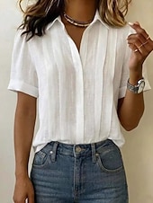 baratos Blusas Simples-Mulheres Blusa Pregueado Botões Côr Sólida Tecido Vintage à moda Casual Manga Curta Colarinho de Camisa Tops regulares Casual Diário Azul Branco Amarelo Rosa Azul Marinha Verão Primavera