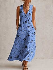 abordables Vestidos florales-Mujer Vestido largo maxi Vestido de verano Vestido informal Vestido de una línea Elegante Vacaciones Fluido Playa Festivos Holgado Floral Graphic Sin Mangas Escote en Pico Azul Piscina Rosa Morado