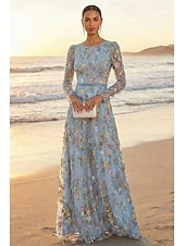 voordelige Vloerlengte-A-lijn Jurken Tot de grond Feestjurk Cocktail jurk Moeder van de bruid jurk Lange mouw Strakke ronde hals Elegant Vintage Luxueus Formeel Bruiloft gast Kentucky Derby Chiffon Tule met Borduurwerk