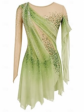 cheap Figure Skating Dresses-Figure Skating Dress Women's Ice Skating Skirt Dress Green+Yellow Thumbhole Open Back Spandex High Elasticity Professional Competition Skating Wear Thermal Warm Classic Crystal / Rhinestone Long