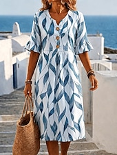 economico Abiti floreali-Per donna Abito Midi Vestito Estivo Abito a trapezio Abito Estivo Vacanza Casual Quotidiano Spiaggia Ferie Vestibilità regolare Floreale Grafico Foglia Mezza Manica Scollo a V Blu Arancione Verde