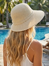 baratos Chapéus Femininos-Chapéu de sol feminino boho de palha - chapéu de praia de verão com aba larga e decoração de flor 3D, fedora respirável em poliéster trançado para férias e uso casual diário. &amp;Proteção solar, várias