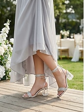 cheap Wedding Guest-Women's Silver Block Heel Sandals with Lucite Clear Heel and Ankle Tie for Garden Wedding Guest