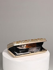 preiswerte Clutches &amp; Taschen für die Abendgarderobe-Luxuriöse Damen-Abendclutch mit Strasssteinen, goldfarbene, kristallverzierte Handtasche mit festem Rahmen und Kettenriemen für formelle Hochzeiten, Cocktailpartys und Galaveranstaltungen