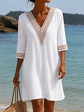cheap Plain Dress-Women's Knee Length Dress Lace Dress White Dress Summer Dress Elegant Fashion Daily Beach Vacation Regular Fit Plain Half Sleeve V Neck Blue Khaki White Orange Summer Spring