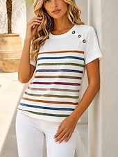 cheap Stripe&amp;Geometric tee-Women's T Shirt Buttons Graphic Striped Vintage Stylish Casual Short Sleeve Crew Neck Regular Tops Casual Daily Blue Black White Red Summer Spring