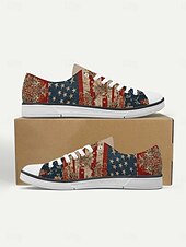 Damskie khaki płócienne trampki z amerykańską flagą – patriotyczne, sznurowane buty do chodzenia w stylu vintage z kwiatowym nadrukiem, idealne na co dzień, na Dzień Niepodległości, paradę &święto USA