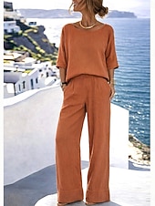 cheap Sets-Women's Cotton Linen Sets Pants Sets Bolero Top Half Sleeve Crew Neck Solid Color Fashion Streetwear Casual Daily Outdoor Blue Black White Summer Regular Fit