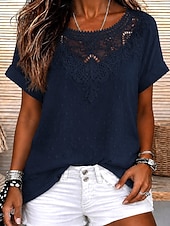  Femmes Chemise Chemise Bohème Chemise en Dentelle Dentelle Élégant Bohème Vacances Manche Courte Hauts Longs Occasionnel Blanche bleu marine Orange Été Printemps