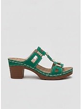 abordables Sandalias deslizantes-Sandalias casuales de tacón cuadrado verde para mujer, plantilla acolchada de apoyo, diseño de tacón medio estable para uso diario, paseos por la ciudad, viajes y eventos sociales.