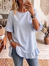  Femmes Chemise Rayé Élégant Bohème Vacances Manche Courte Hauts Longs Occasionnel Quotidien Fête Bleu Noir Rose Claire Violet Vert Été Printemps
