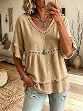 ieftine Bluze simple-Pentru femei Bluză Dantelă Culoare solidă Epocă Stilat Casual Manșon scurt În V Topuri obișnuite Casual Zilnic Albastru piscină Kaki Roz Îmbujorat Mov Bej Vară Primăvară