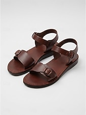 economico Sandali Piani-Sandali piatti da donna in pelle marrone con cinturino regolabile alla caviglia - classici sandali estivi con doppia fibbia per passeggiate e viaggi informali