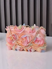 billige Aftenvesker-Elegant dameclutch med blomstermotiv, 3D-blomster og gullkjede, sofistikert håndveske til bryllup, cocktail og spesielle anledninger for damer.