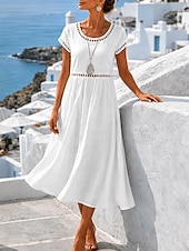 preiswerte Einfaches Kleid-Damen Midikleid Freizeitkleid Sommerkleid Basic Klassisch Täglich Urlaub Lässiger Schnitt Einfach Kurzarm Rundhalsausschnitt Weiß Gelb Rosa Himmelblau Sommer Frühling