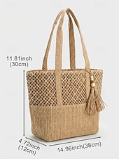 economico Borse da viaggio per vacanze-Borsa tote da donna in stile bohémien intrecciata, borsa a tracolla capiente color kaki beige da spiaggia con ciondolo a nappina, ideale per vacanze al mare, viaggi e abbigliamento casual quotidiano.