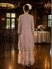 cheap Mom's Dress Sets-Two Piece A-Line Ankle Length Wedding Guest Dress Loose Mother of the Bride Dress 3/4 Length Sleeve Scoop Neck Elegant Simple Casual Formal Wedding Guest Holiday Chiffon Wrap Included with Floral