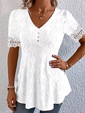  Mulheres Blusa Textura Elegant Elegante Boêmia Vintage Manga Curta Decote V Tops curtos Casual Diário Para Noite Damasco rosa Preto Branco Rosa Roxo Verão Primavera